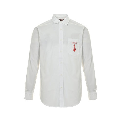 Gucci Anchor Embroidered Striped Cotton Long-Sleeve Shirt – White