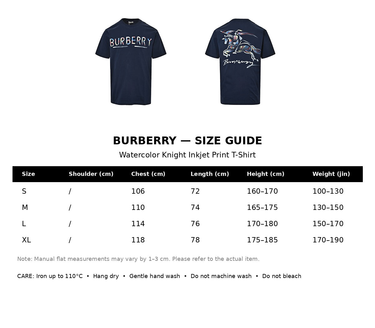 Burberry Casual T-shirt#07 - English Size Chart