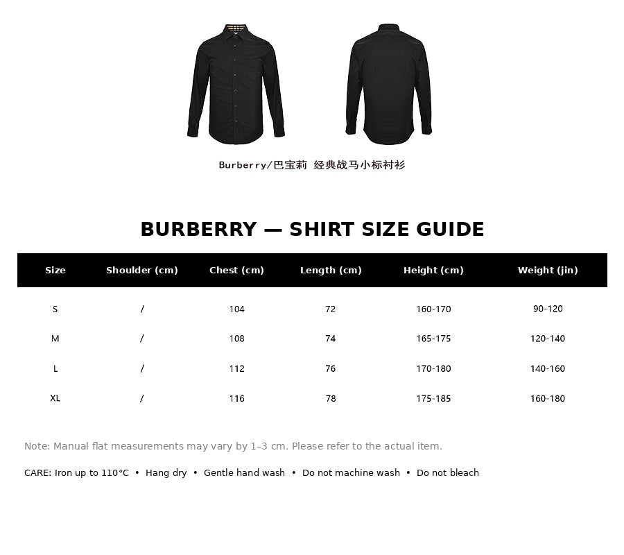 Burberry Casual Shirt#05 - English Size Chart