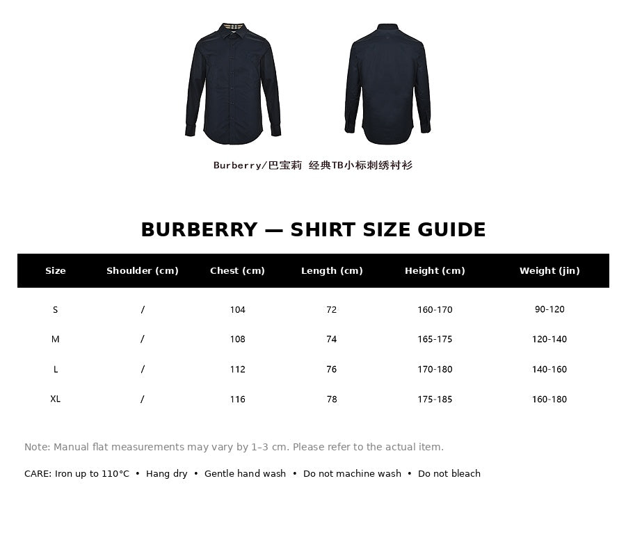 Burberry Casual Shirt#09 - English Size Chart