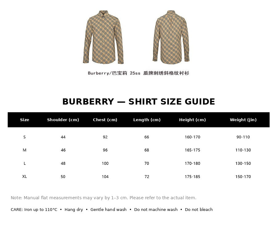 Burberry Casual Shirt#16 - English Size Chart