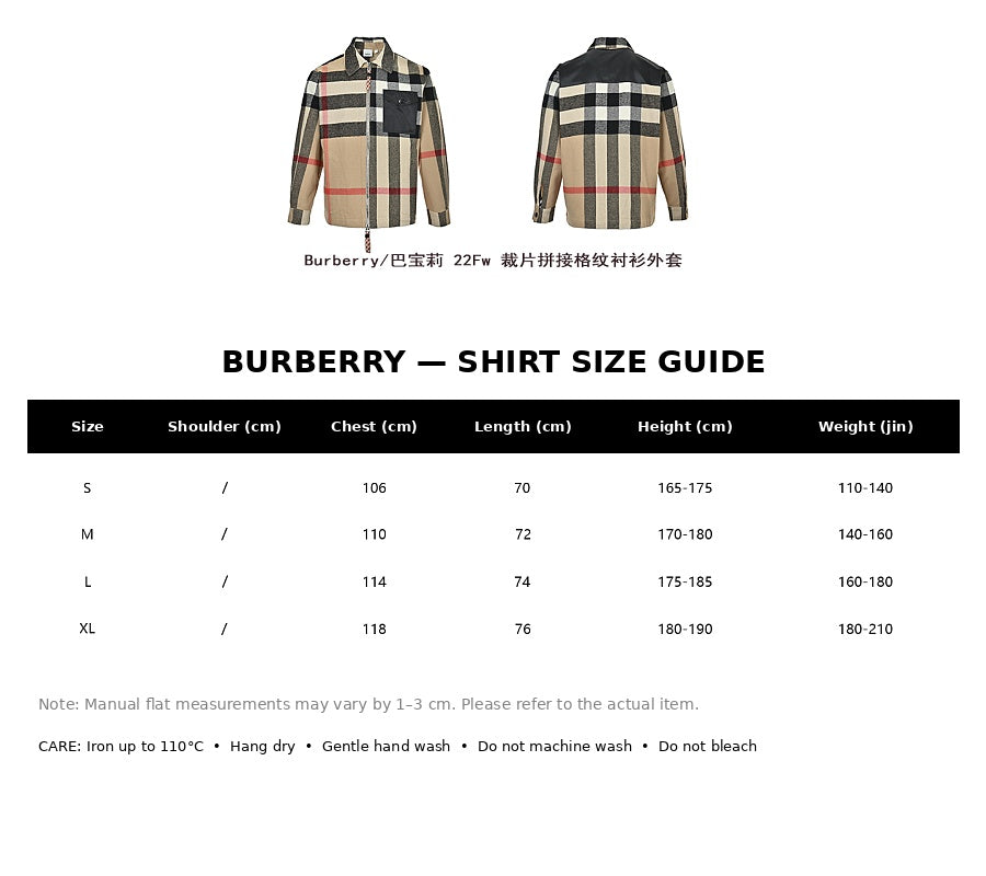 Burberry Casual Shirt#17 - English Size Chart