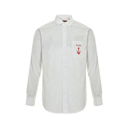 Gucci Anchor Embroidered Striped Cotton Long-Sleeve Shirt – White