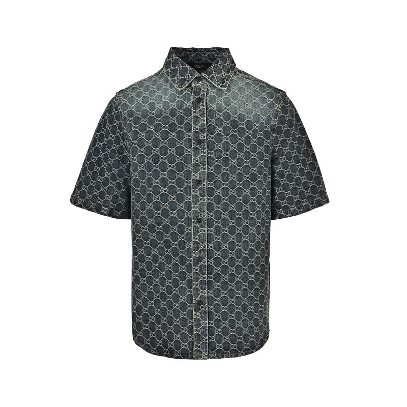 Gucci GG Monogram Washed Denim Short-Sleeve Shirt