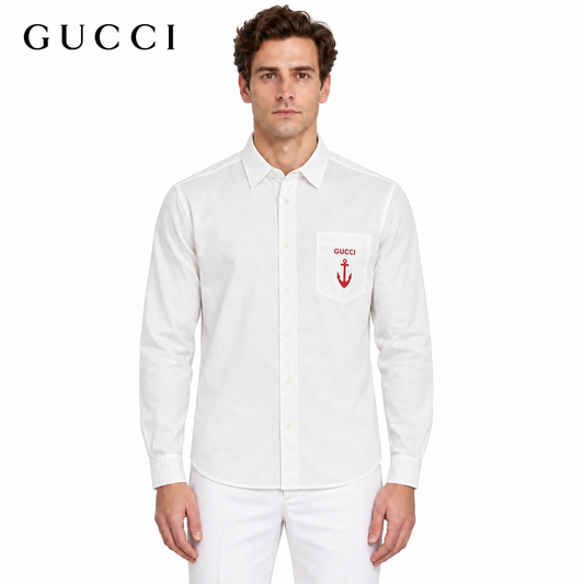 Gucci Anchor Embroidered Striped Cotton Long-Sleeve Shirt – White