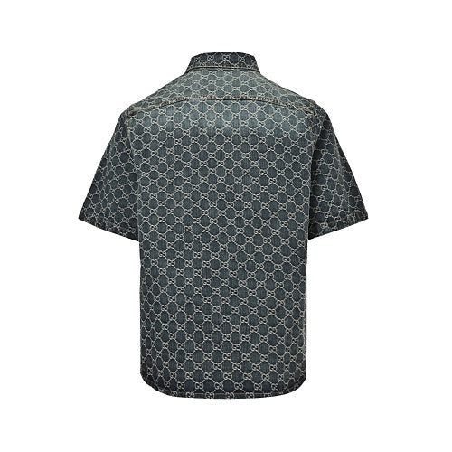 Gucci GG Monogram Washed Denim Short-Sleeve Shirt