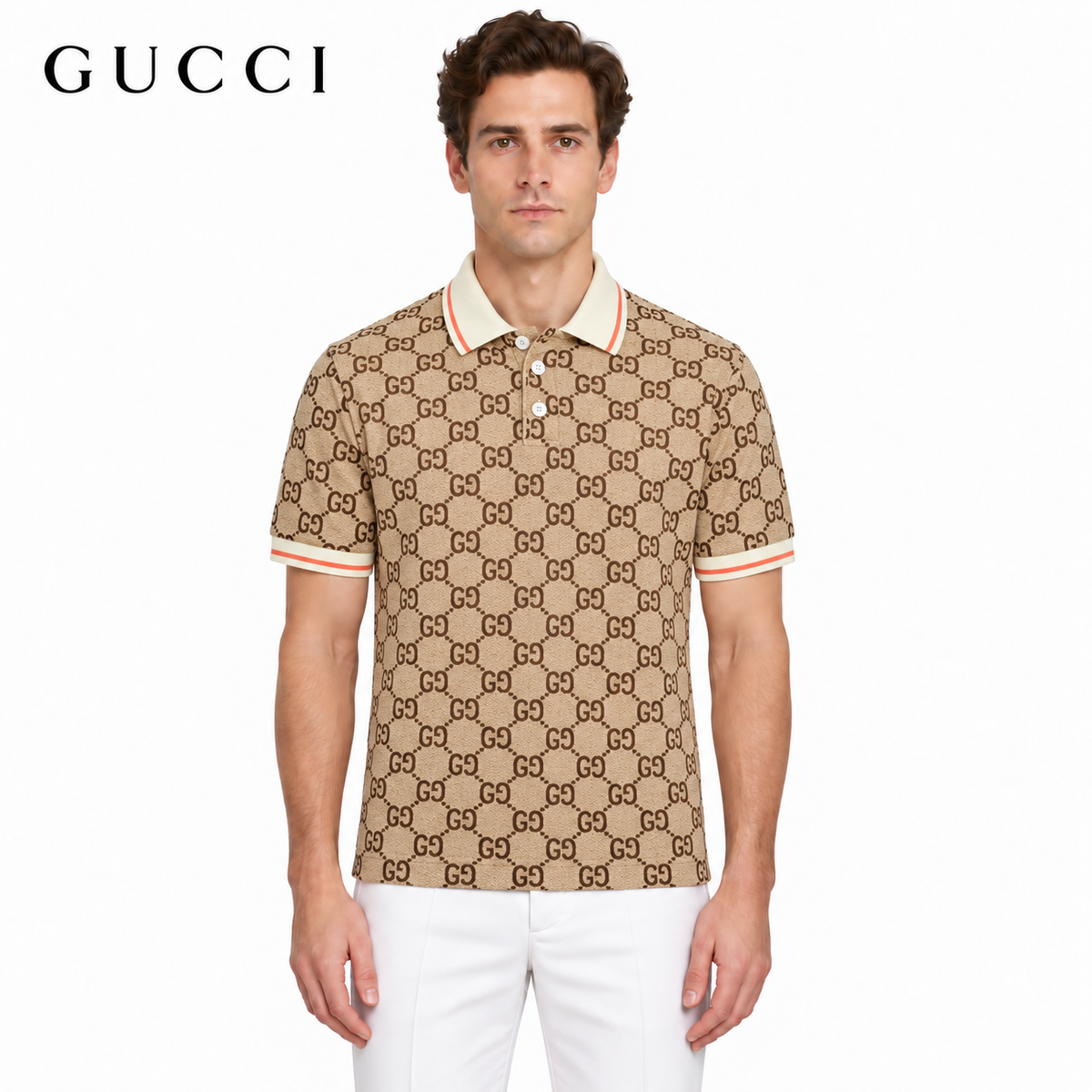 Gucci Maxi GG Allover Print Polo Shirt in Camel