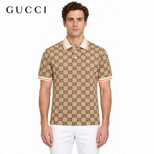 Gucci Maxi GG Allover Print Polo Shirt in Camel