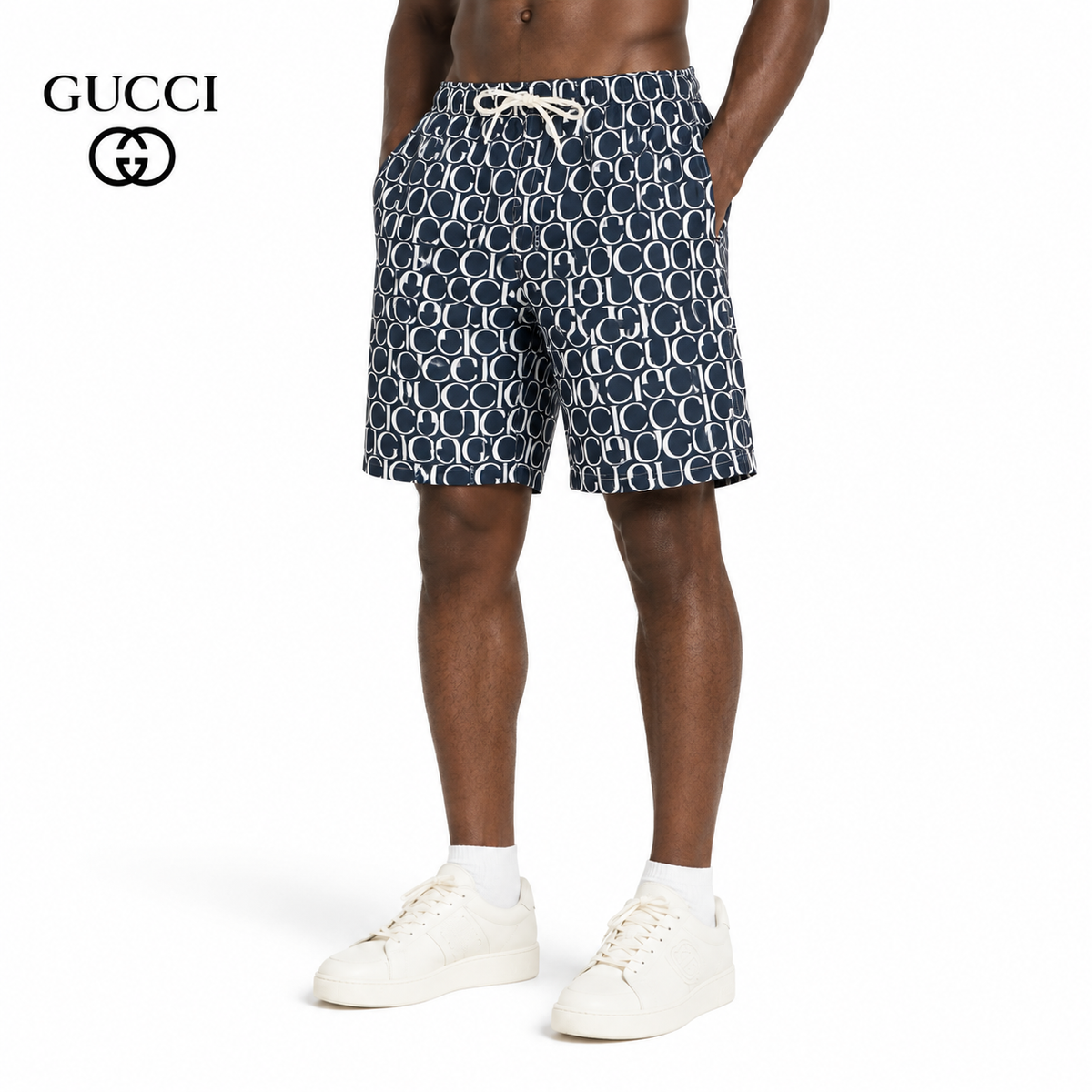 Gucci Allover Letter Print Swim Shorts in Navy