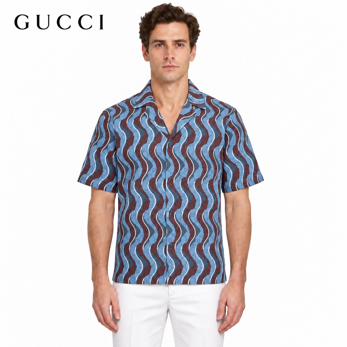 Gucci Wave Print Short-Sleeve Bowling Shirt