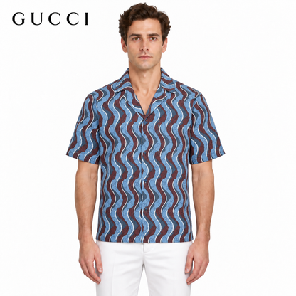 Gucci Wave Print Short-Sleeve Bowling Shirt