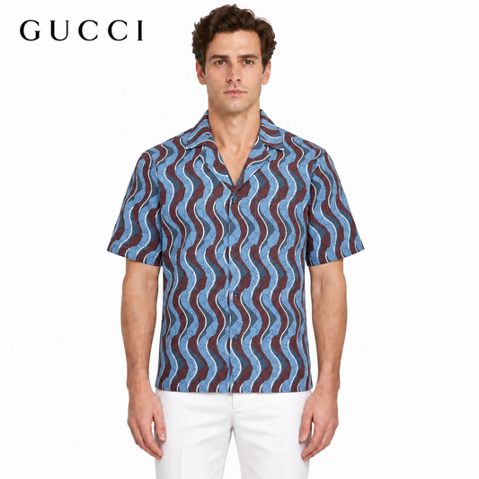 Gucci Wave Print Short-Sleeve Bowling Shirt