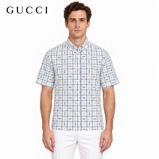 Gucci Horsebit Check Print Short-Sleeve Shirt in White