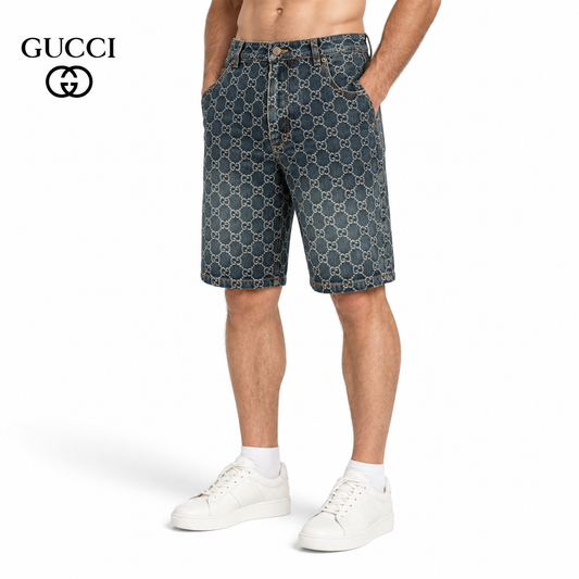 Gucci GG Monogram Allover Print Denim Shorts in Blue