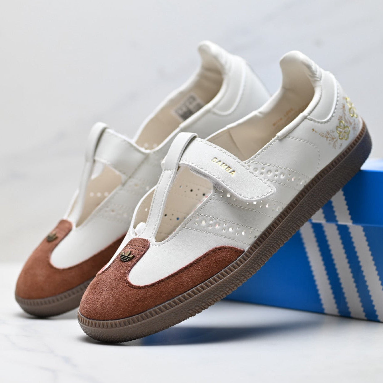 Adidas Samba Mary Jane Leather Sneakers – White Brown Retro Ballet Shoes