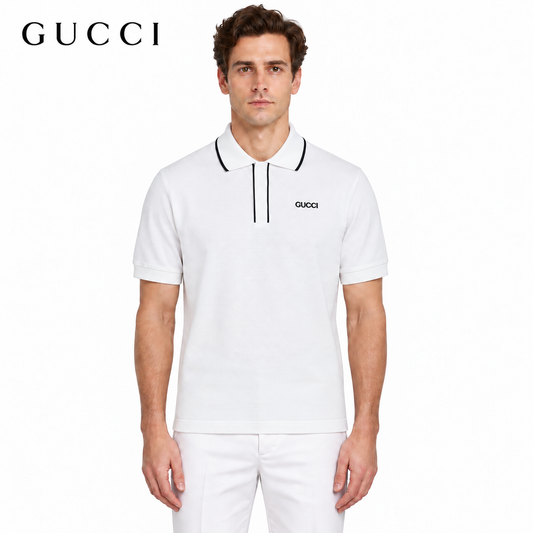 Gucci Embroidered Logo Polo Shirt — White Piqué