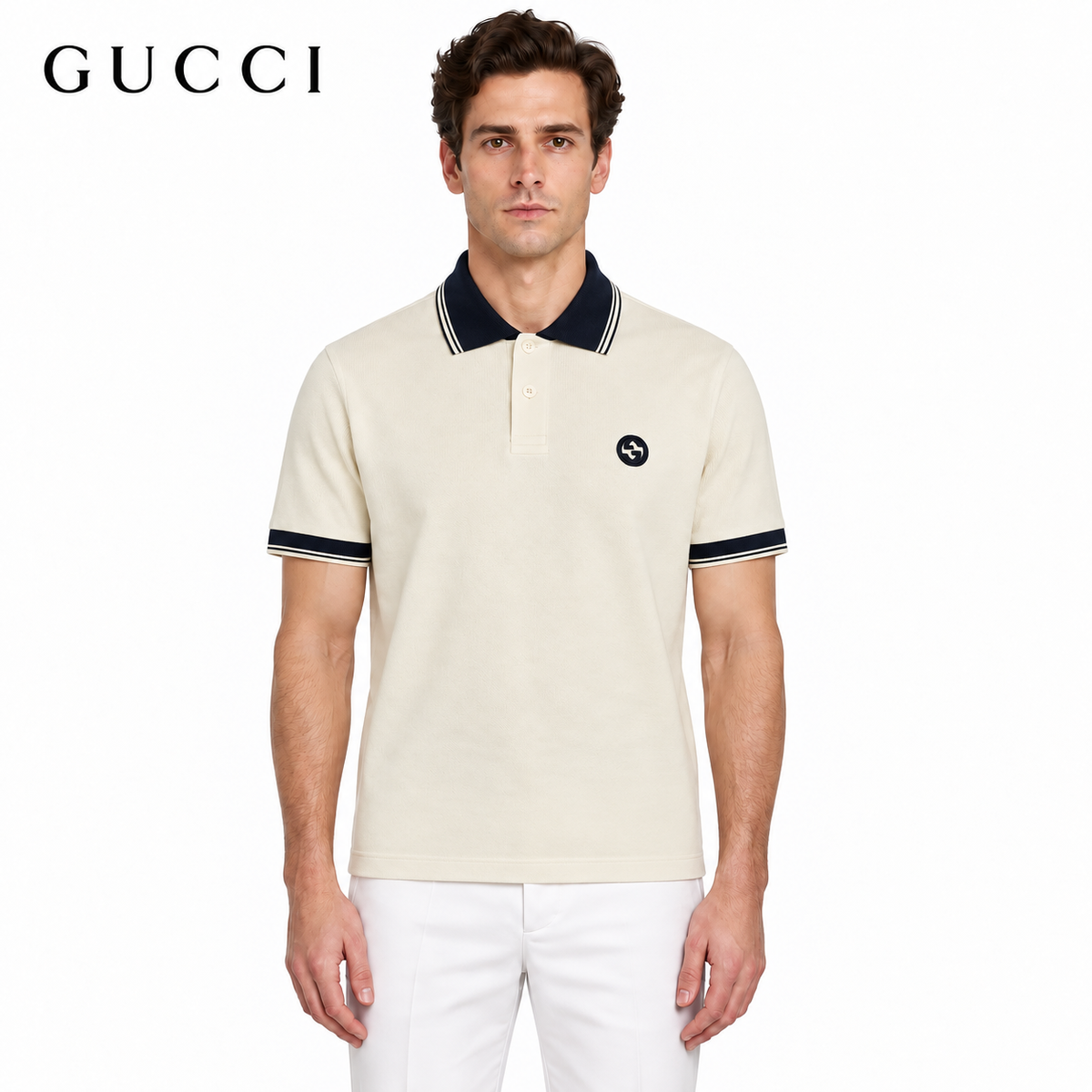 Gucci GG Monogram Diagonal Print Polo Shirt – White