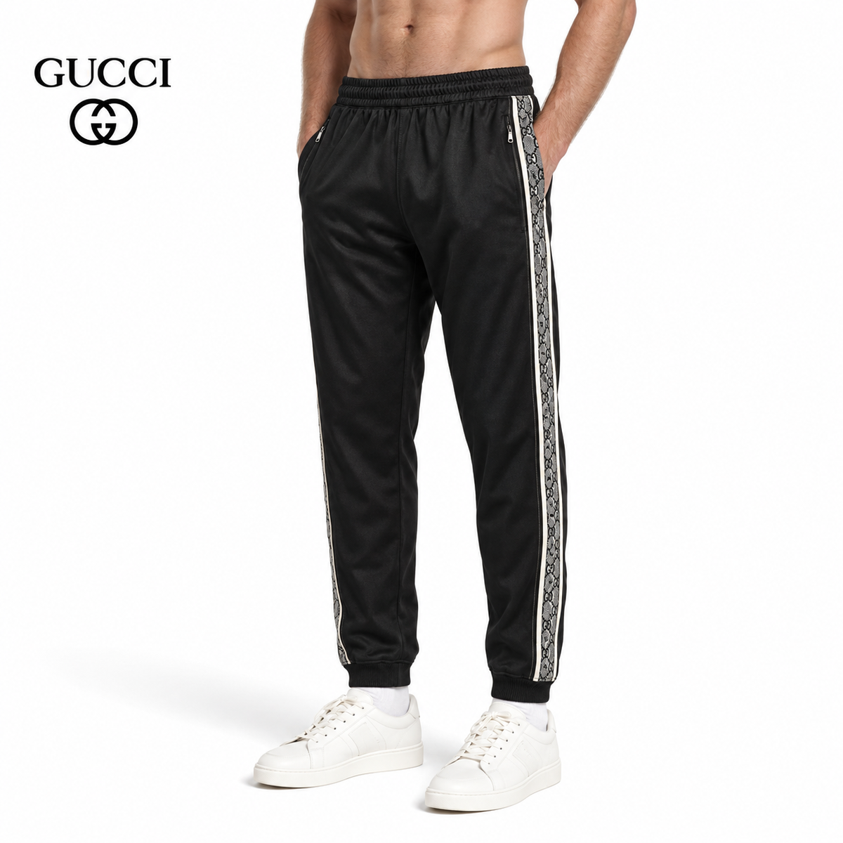 Gucci GG Supreme Jacquard Jogger Pants — Dark Charcoal with Web Stripe
