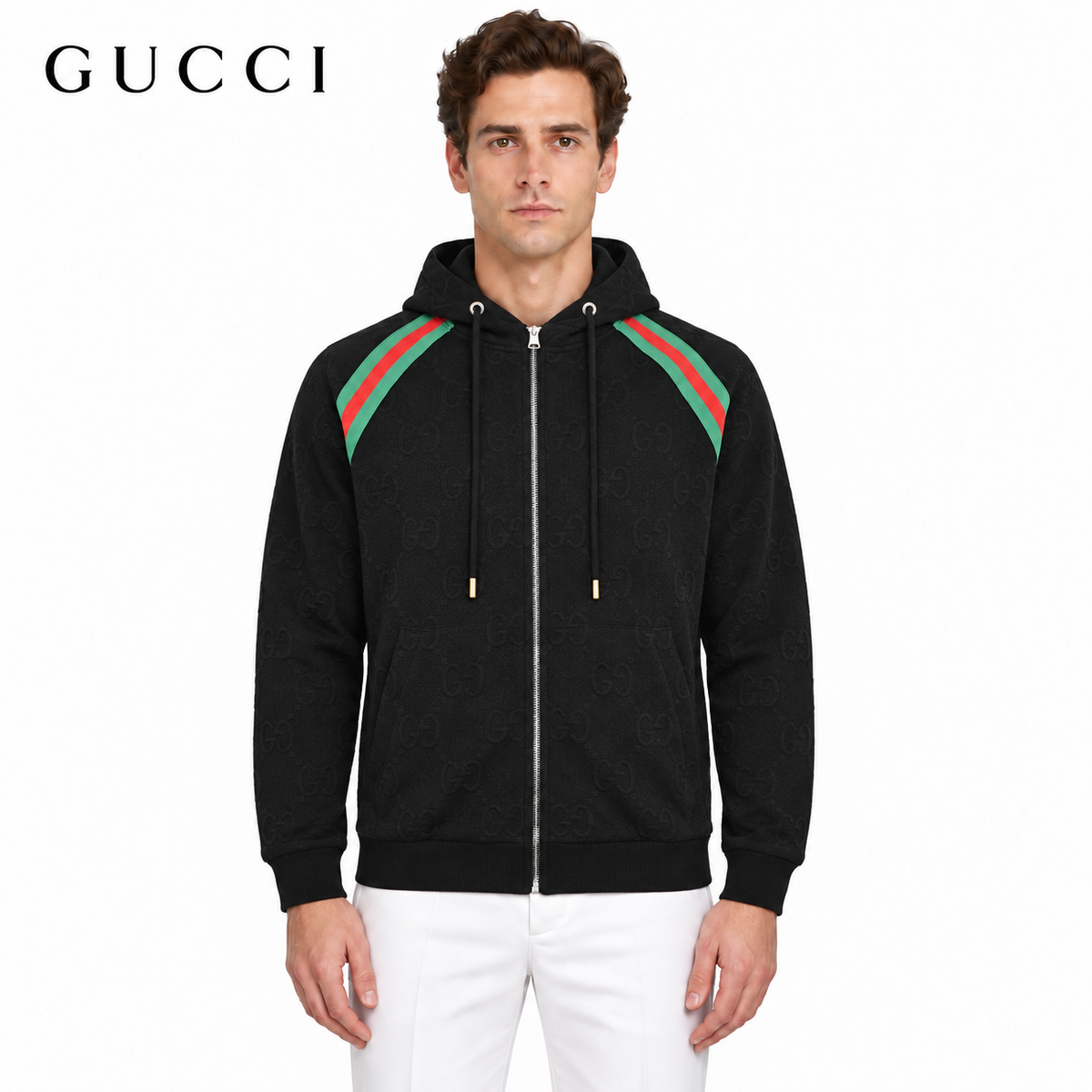 Gucci Web Stripe Full-Zip Hoodie – Black & White Oversized