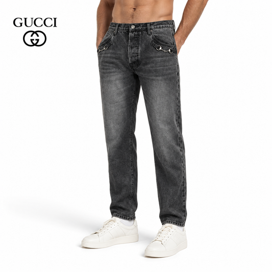 Gucci GG Monogram Straight-Leg Jeans with Horsebit Chain