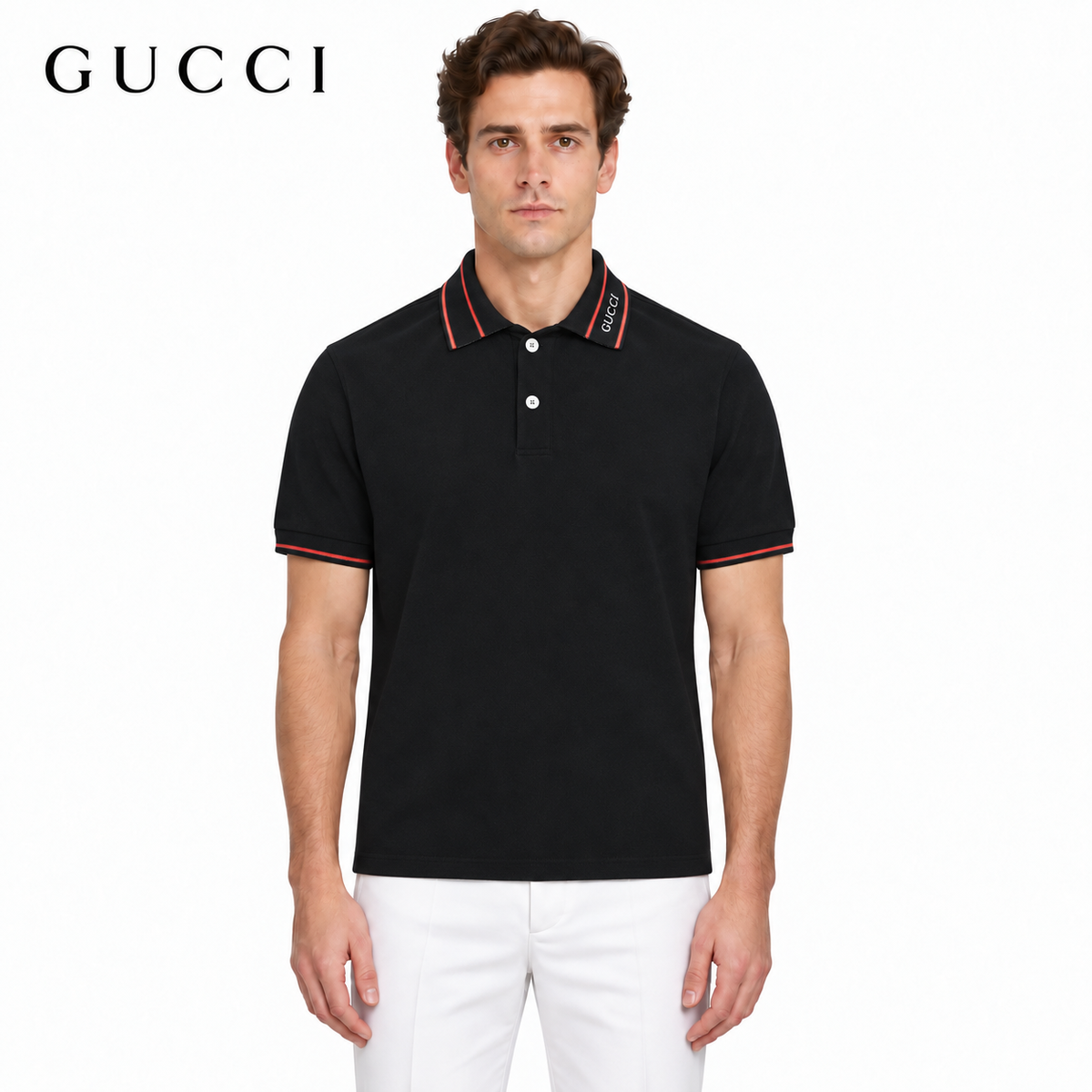 Gucci Logo Embroidered Polo Shirt – Black / White Piqué Cotton