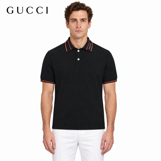 Gucci Logo Embroidered Polo Shirt – Black / White Piqué Cotton