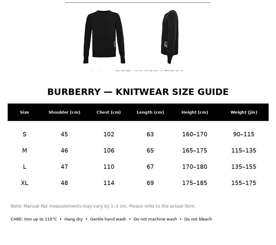 Burberry Casual Knitwear#20 - English Size Chart