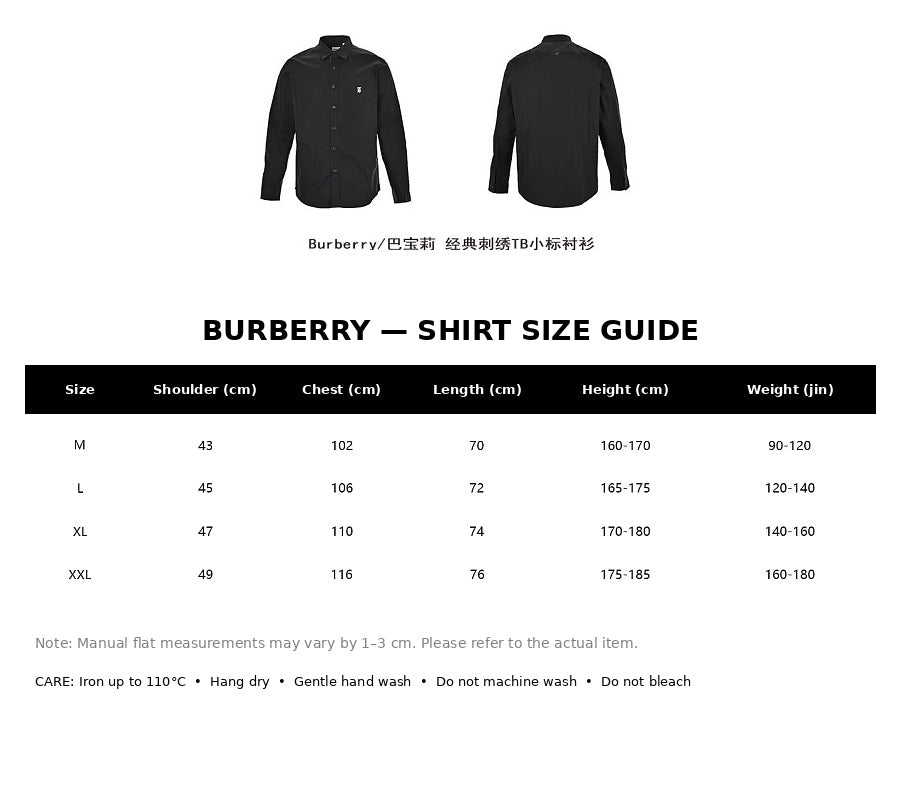 Burberry Casual Shirt#04 - English Size Chart
